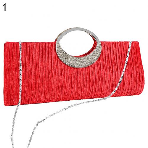 Sales! Vrouwen Luxe Strass Satijnen Geplooide Avondtasje Party Clutch Purse Handtas: Rood