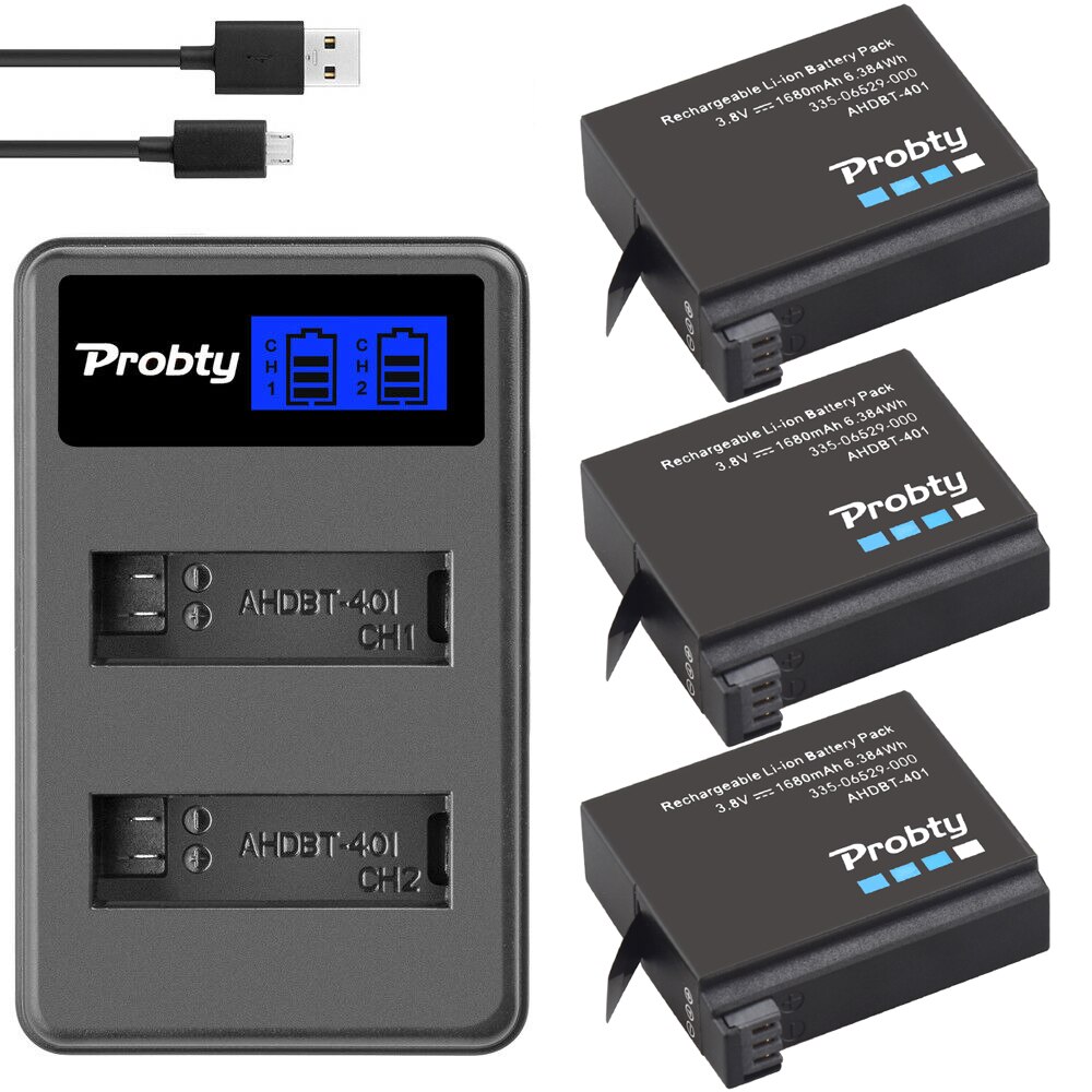 Probty-batería Original para GoPro Hero4 Hero 4 + cargador dual LCD para go pro AHDBT-401 HERO4, Cámara de Acción accesorio para, color negro y plateado