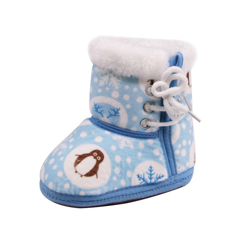Botas de invierno para bebé, botas para niña, suaves, cálidas, copo de nieve, estampado de pingüinos, zapatos de algodón con lazo lateral para bebé: Azul