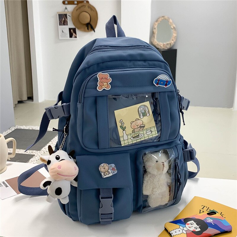 2022 Women Multi-Pocket Backpack Ins Junior Large-capacity Nylon High School Student School Bag for Girl Backpack Laptop Book: Blue and ornaments