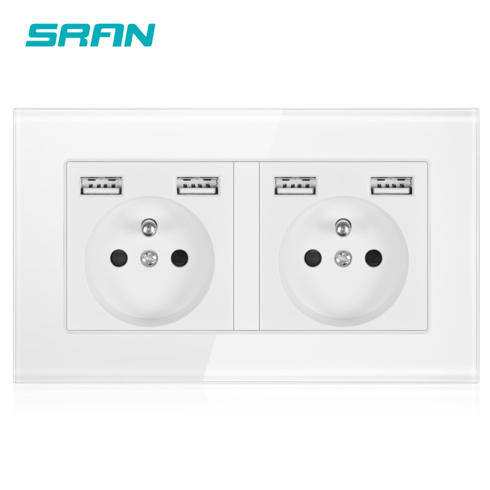Wall 16A French Multi Power Socket Plug Grounded Electrical Socket with usb outlet strip 146 crystalglass panel family hotel: White A6