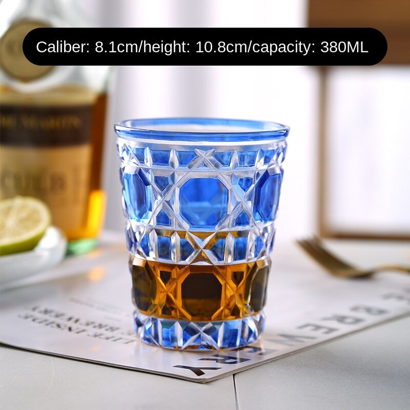 Whisky Glass Cup Box Set Crystal Cup Milk Juice Milk Tea Cup Household Lattice Water Cup Single: blue