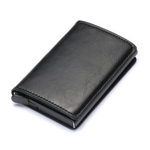 Bisi Goro Business Credit Card Holder Unisex Metal RFID Vintage Single Box Crazy Horse PU Leather Card Wallet: X-12A black