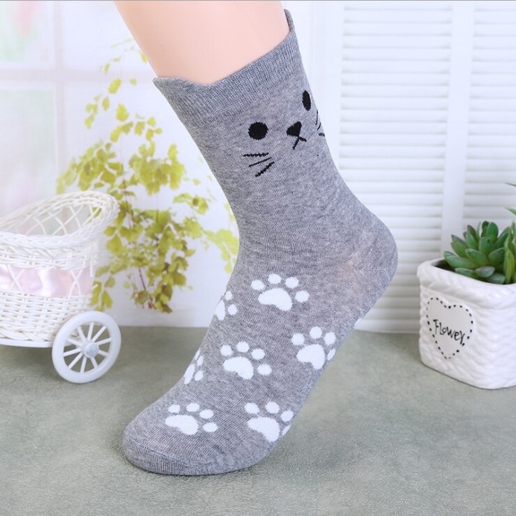 5 Pairs Leuke Harajuku Vrouwen Sokken Set Cartoon Print Katten Poot Patroon Katoenen Sokken Met Kat Oren Voor Vrouwen herfst Sokken