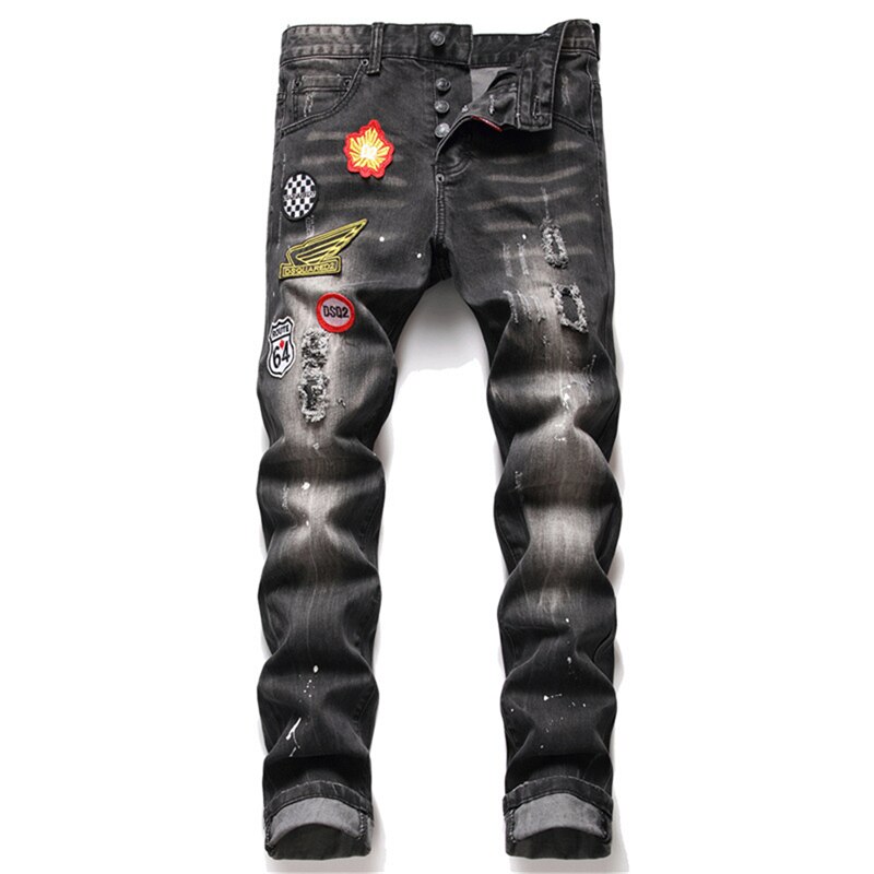 Pantalones vaqueros rasgados negros para hombre, ropa de calle de para hombre, vaqueros rectos con agujeros, de dibujo grafiti, informales, ajustados, NZ108: 32