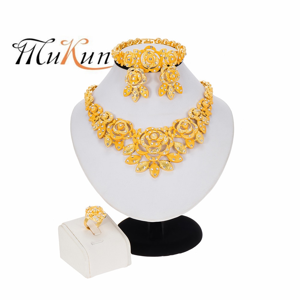 Nigeria Dubai 24K Gold jewelry sets African bridal wedding party for women Bracelet Bowknot Necklace earrings ring sets