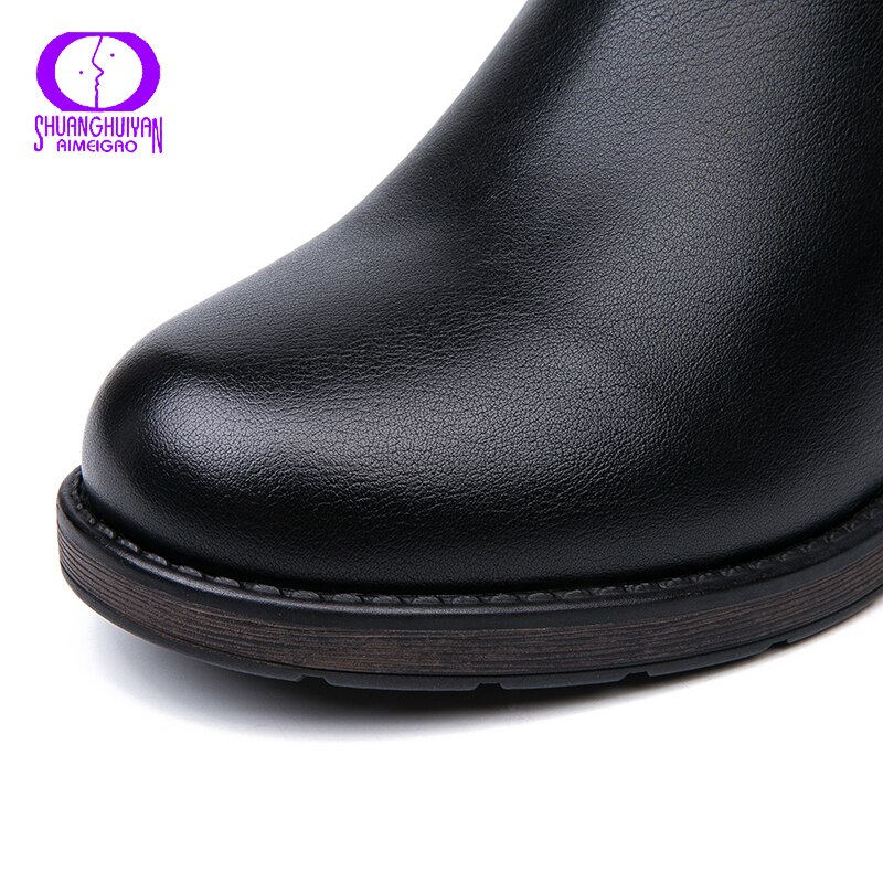 Aimeigao winter geplooide hoge laarzen dames warme halfhoge pu sneeuwschoenen dames korte pluche ronde neus rits laarzen dames zwart