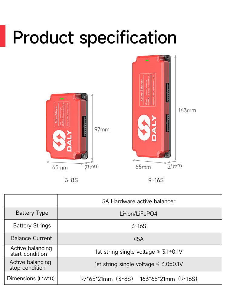 Daly BMS 5A équilibreur actif équilibreur actif Lifepo4 3S 4S 6S 7S 8S 12S 13S 14S 15S 16S pour accessoires de Batterie Batterie au Lithium