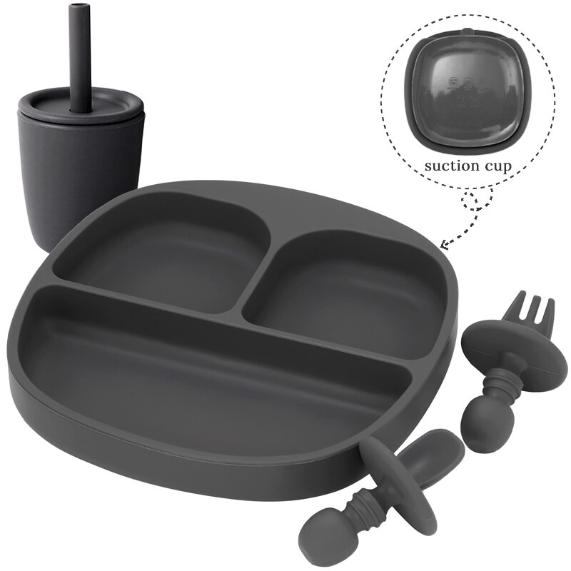 BPA Free Children's Tableware Baby Feeding Solid Food Dinner Set Plates Training Bowl Feeding Dishes Spoon Fork Straw Cup: 003-dark-grey