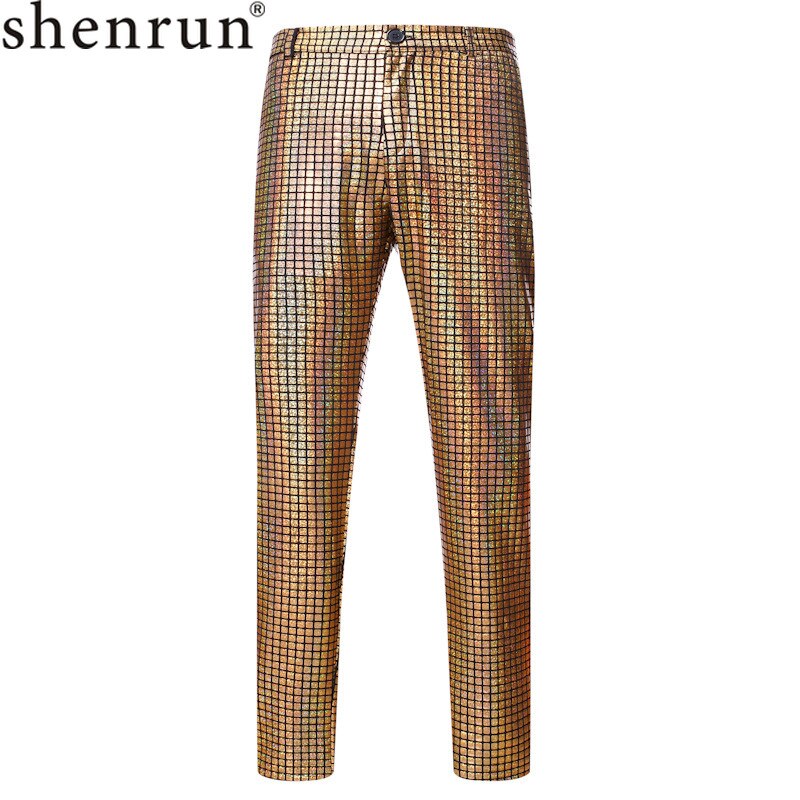Shenrun Men Pants Cool Gold Stamping Casual Trousers Glossy Night Club Hip Hop Costume Stage Dress Ball Singer Prom