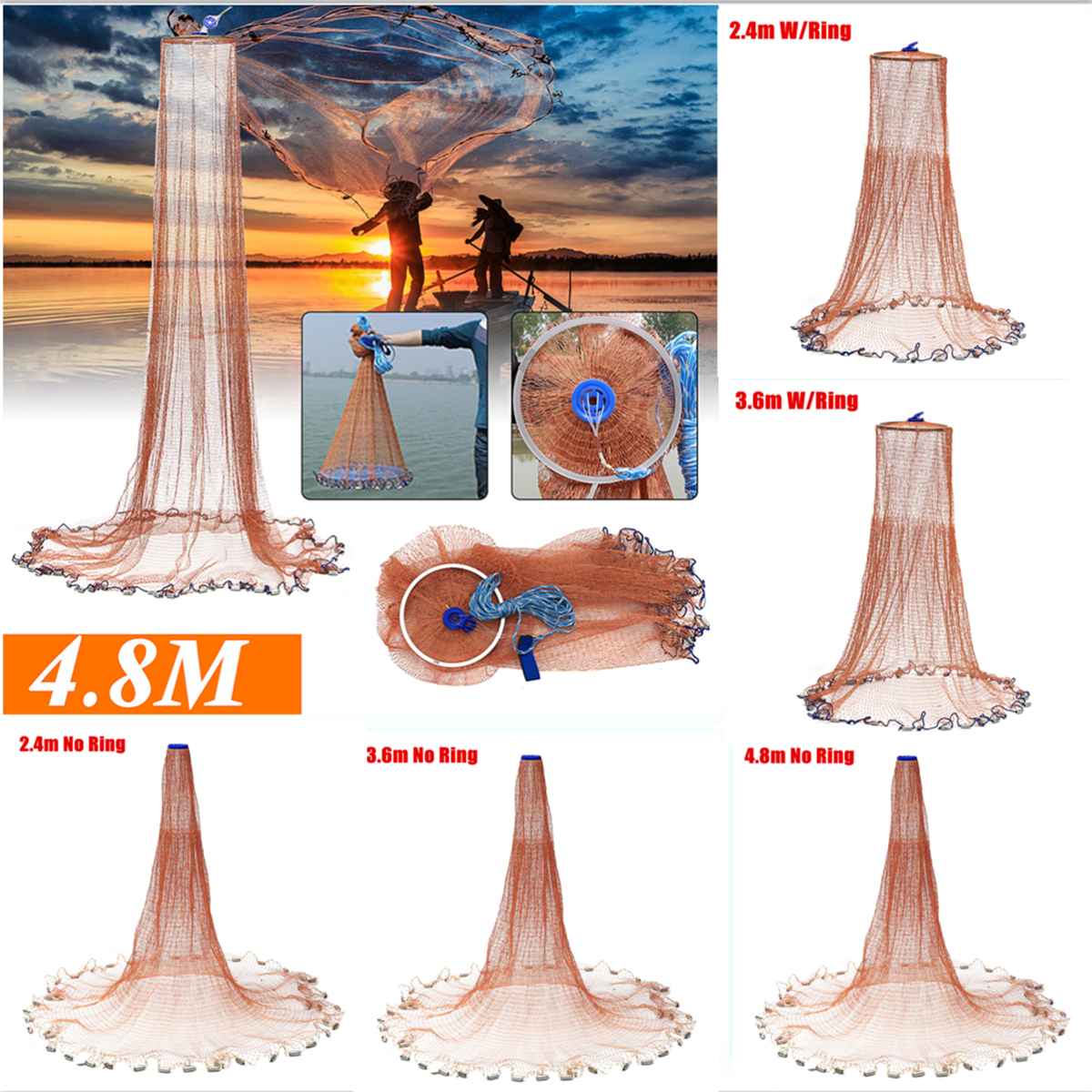 7-Style Fishing Net Hand Cast Throw Net Large Saltwater Network Bait Casting Strong Nylon Line Mesh Brown Outdoor Ring/No Ring