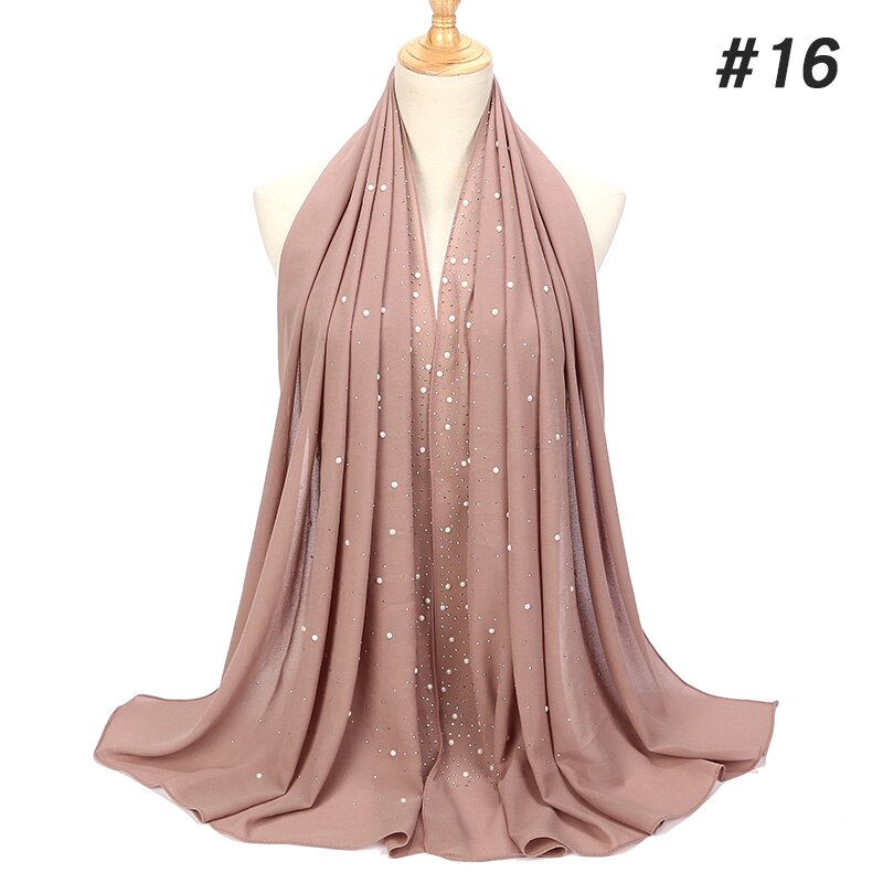 1 Pc Vrouwen Bellen Chiffon Sjaal Met Diamant Studs Parels Sjaal Vlakte Hijab Sjaals Wraps Effen Kleur Moslim hijab Sjaal: color16