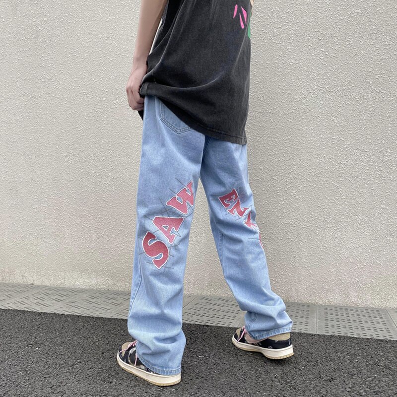 Pantalones vaqueros con estampado de letras para hombre, jeans holgados de estilo hip hop para verano