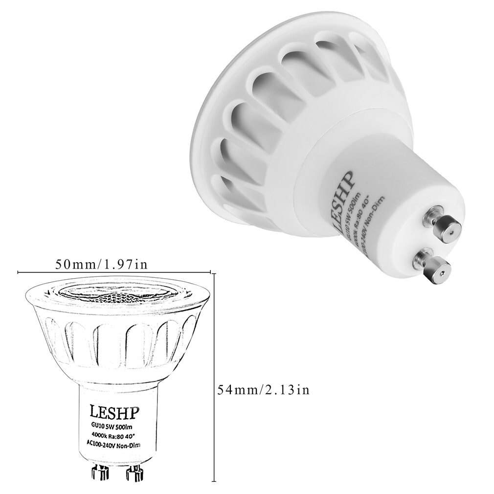 Foco LED blanco GU10 AC100-240V, 5W, 4000K, 500LM, no regulable, ángulo de haz de 40 grados, tamaño compacto, peso ligero, 6 uds.
