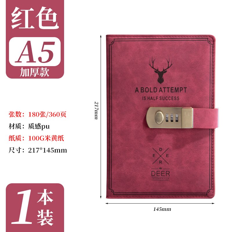 Diary Super Thick Notes Password Lock Journal Business Office School Supplies Sketch Stationery Notebook Daily Work Page Notepad: Red Notebook B