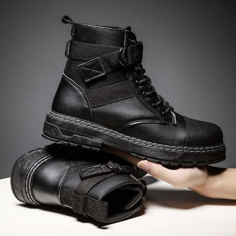 Men Ankle Martin Boots Outdoor Leather Black Autumn Spring Non-slip Walk Male Casual Flats Shoes Sneakers Comfortable