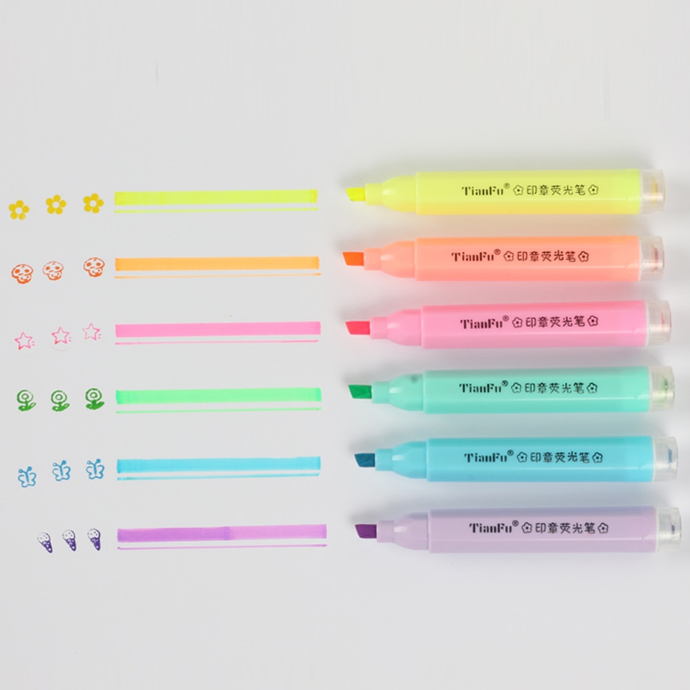 Pencil Shaped Stamp Highlighter Pen Double Ended Hexagonal Mini Fluorescent Marker 6 Pcs/ Bag Textmarker Students Kids