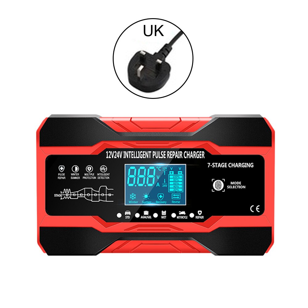 Chargeur de réparation d'impulsions de voiture 12V/5A 24V/10A, avec écran LCD, pour batterie de moto, automatique, intelligent, en 7 étapes, rapide: Red UK