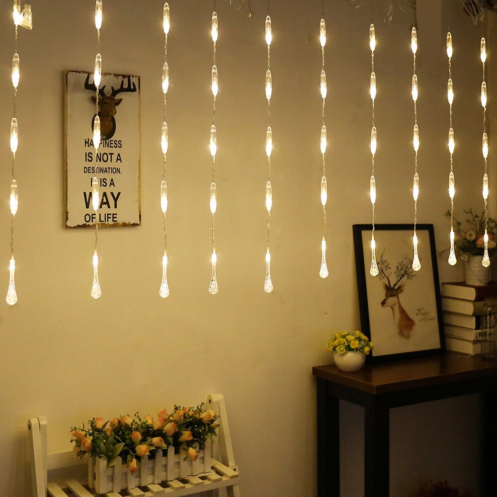 Rideau lumineux avec des étoiles goutte d&#39;eau, 2.5M, LED V, guirlande de noël dans l&#39;ue, décoration de fête de mariage et de: Warm White