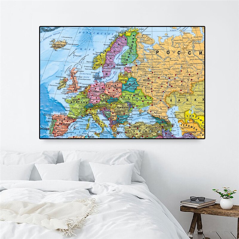 Cuadro de lienzo no tejido con mapa de Europa ruso para niños, Póster Artístico de pared, suministros de estudio, decoración del hogar para sala de estar, 150x100cm