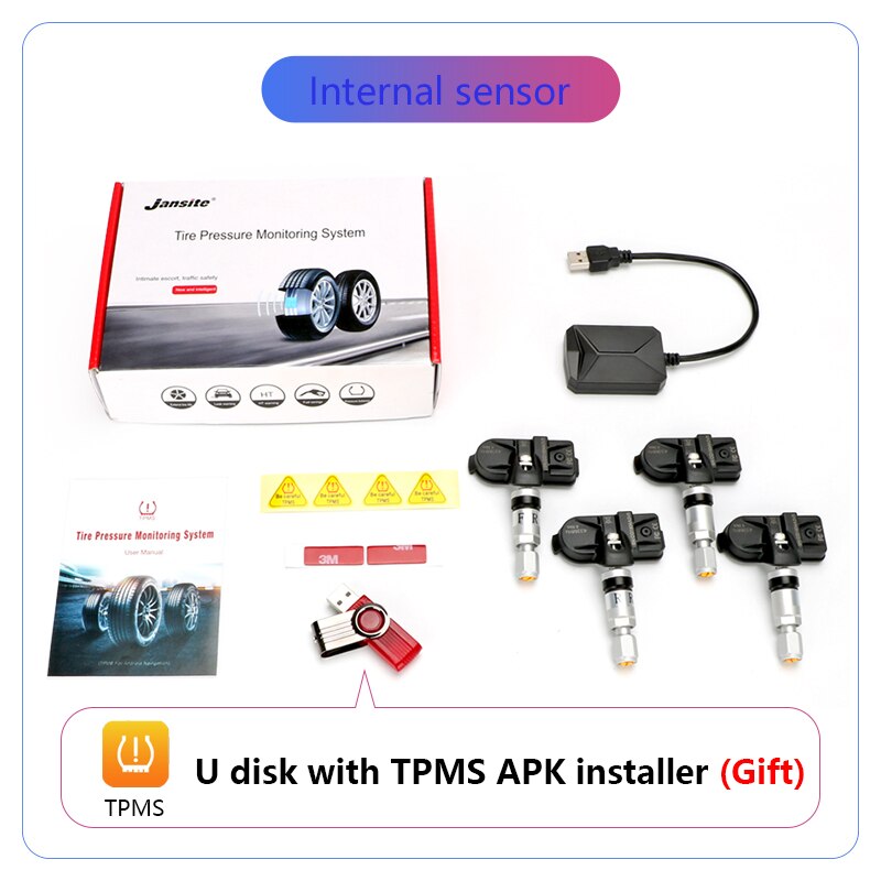 Usb tpms android dekktrykkovervåkingssystem 4 dekk eksterne / indre sensorer temperaturalarm for bilradio dvd bilspiller