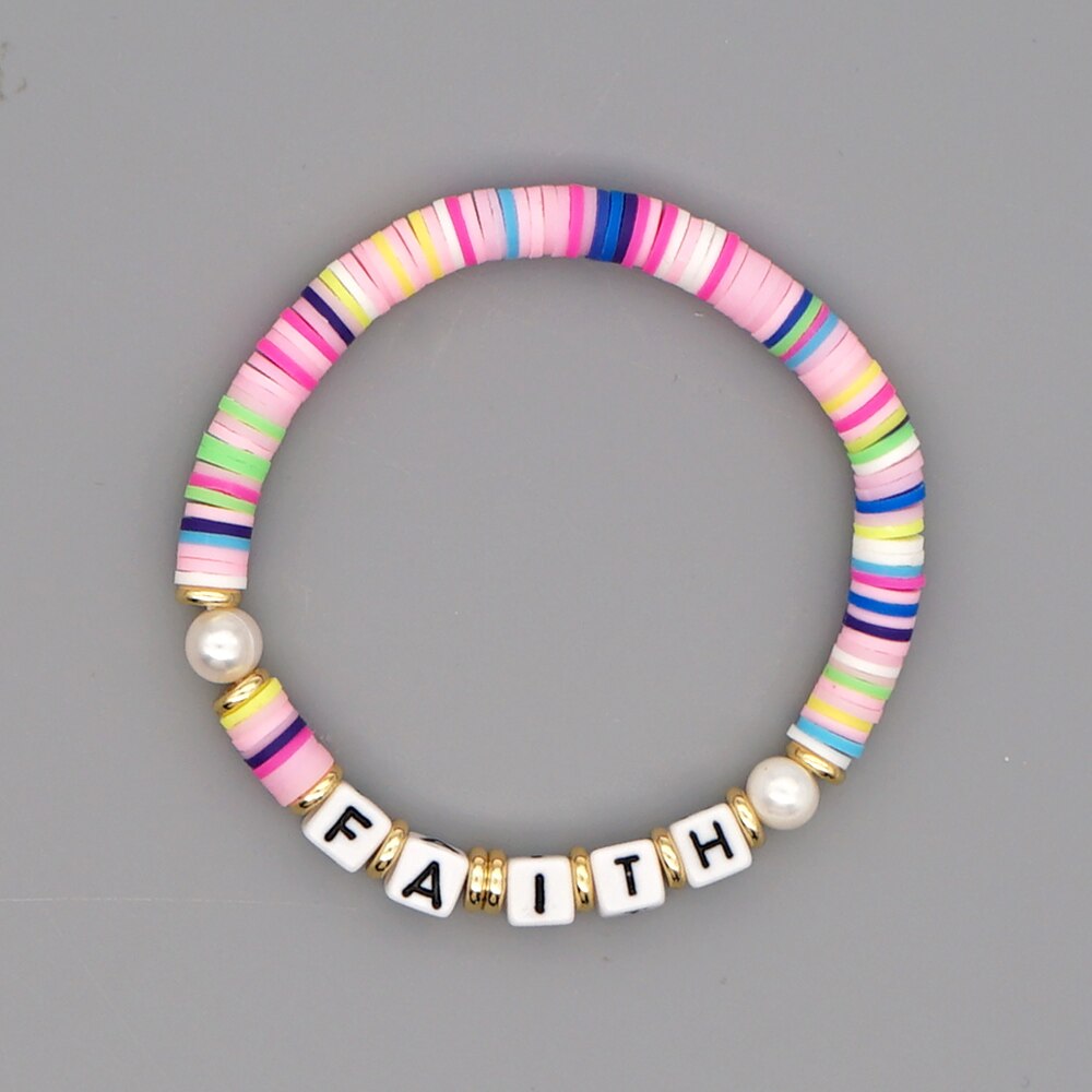 GO2BOHO Rainbow Polymer Clay Bracelets Faith Letter Heishi Beads Bracelet For Women Summer Beach Real Pearl Pulsera Jewelry: QT-B200145C