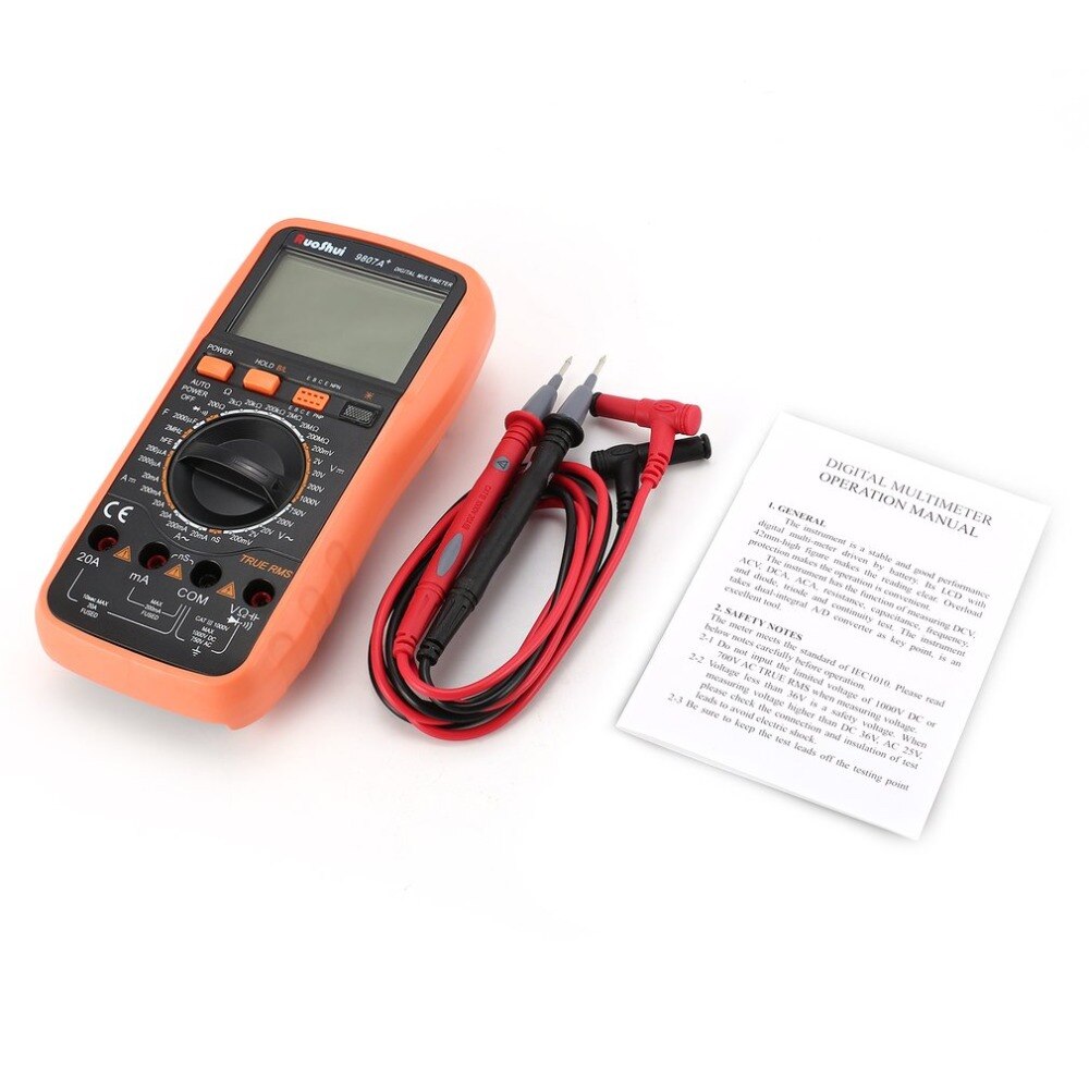 9807A+ Digital Multimeter 19999 Counts True RMS AC/DC Volt Amp Ohm Capacitance Frequency Diode hFE Continuity Tester