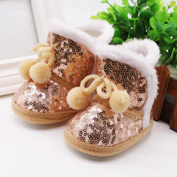 Infant Anti-slip Toddler Shoes Newborn Baby Shoes Winter Baby Boy Girl Sequin Snow Boots Plush Ball Cotton Shoe