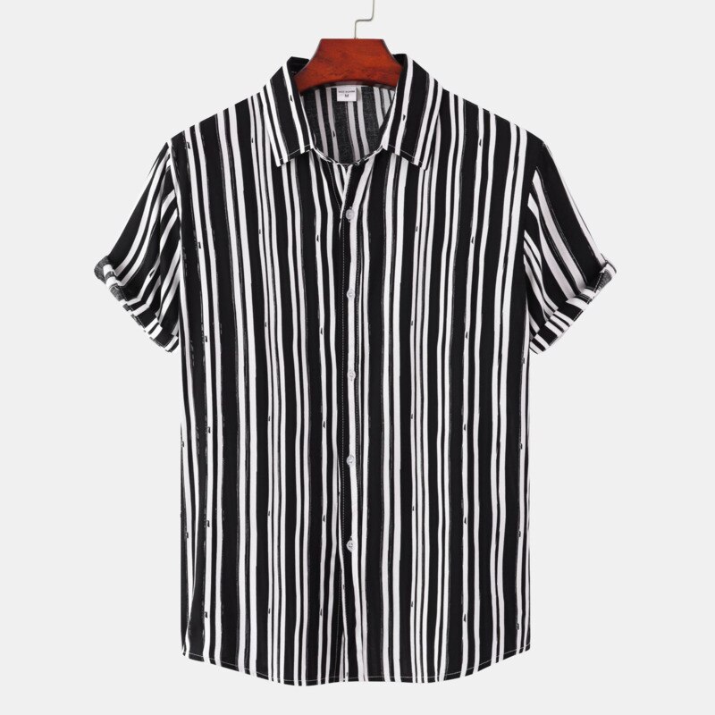 Chemise hawaïenne pour hommes, classique, à rayures noires et blanches, à revers, à simple boutonnage, à manches courtes, vêtements d'été, 2022