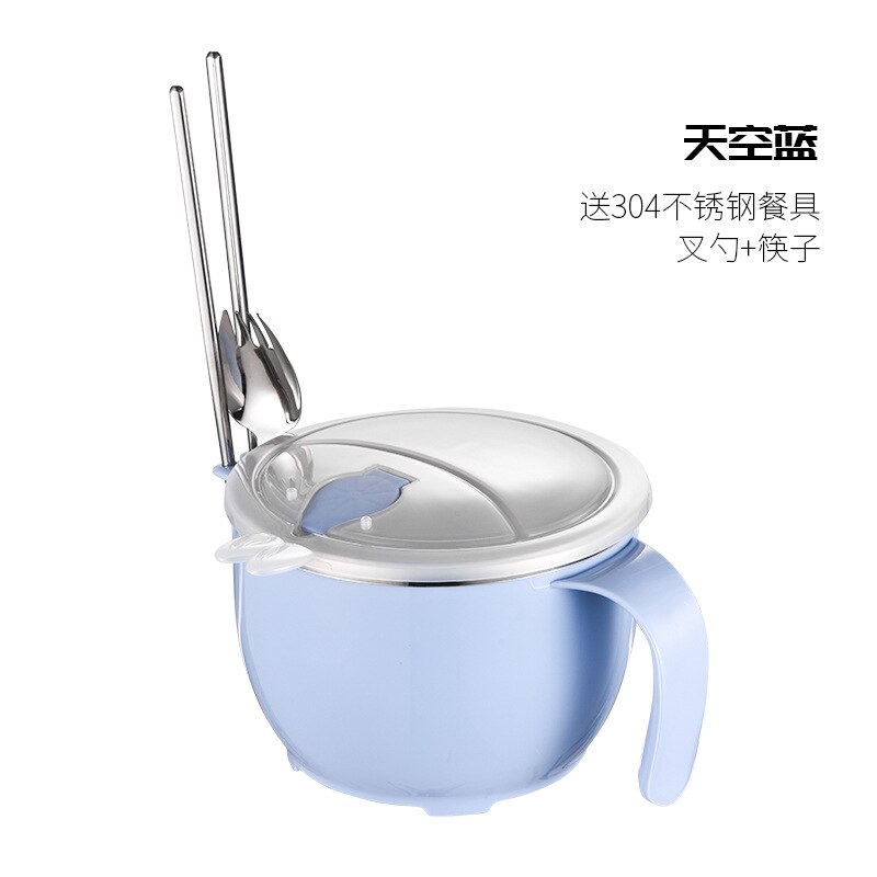 304 Rvs Instant Noodle Kom Studenten Slaapzaal Draagbare Container Japanse Stijl Grote Volume Met Eetstokjes Lepel: 304 plus Spoon Chopsticks Instant Noodle Bowl  Blue 