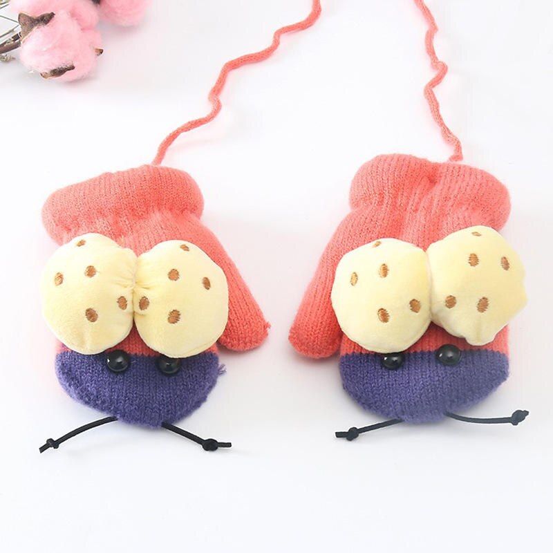 Wecute Forma Dos Desenhos Animados Joaninha Bonito Bebê Infantil Luvas de Inverno Crianças Luvas De Malha Saco Refere-se Ao Pescoço Pendurado Luvas Duplas para 3-6Y: wine red