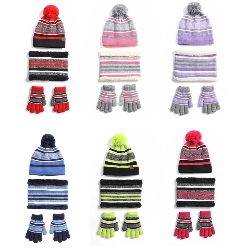 Bonnet, chapeau, écharpe, gants, ensemble de 3 pièces, tricot d'hiver pour enfants, couleur contrastée, rayé, peluche épaisse doublée, pompon, tête de mort