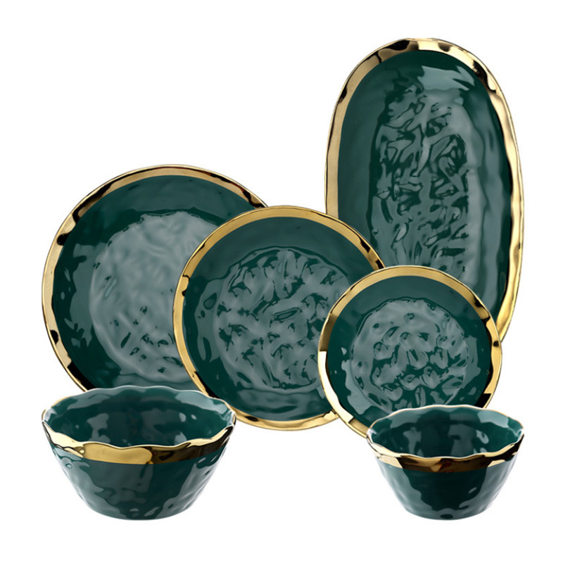 Ceramic Dark Green Glaze Dinner Plates Bone China Dinnerware Dessert Salad Serving Plate Rice Soup Bowls Kitchen Tableware