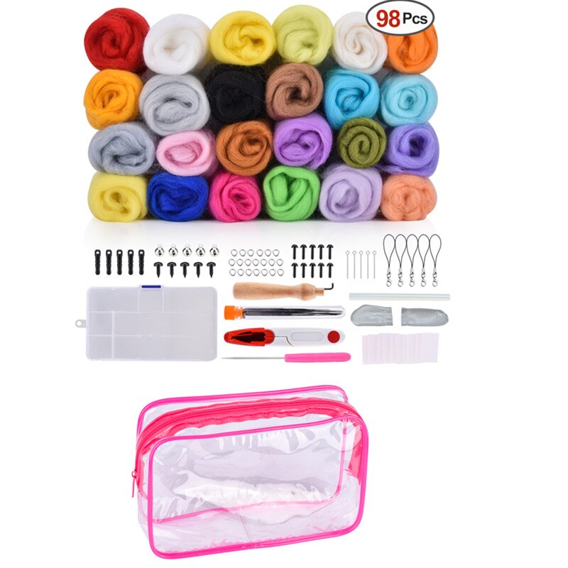 24 Kit de fieltro de lana de colores, Kit de fieltro, hilo para manualidades de tela de arranque, hilo para manualidades, DIY, Fox Spinning, molde de costura, accesorios de costura: 99pcs Needle Felting