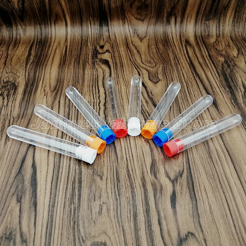 20pcs 16x100mm Clear Plastic Test Tubes With Color Caps and Scale,Party Candy Bottle with Round Bottom Wedding Vial