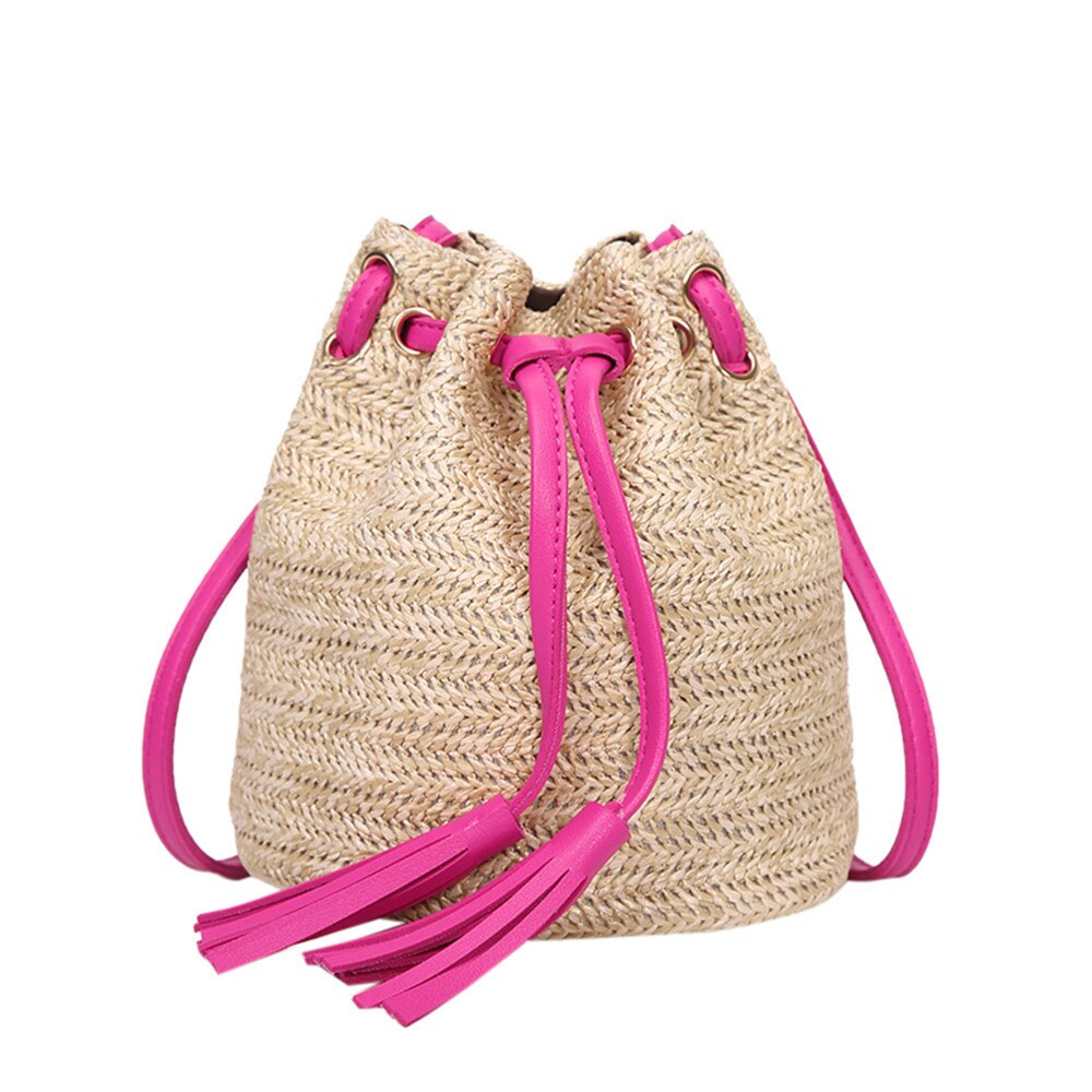 Feminino cor sólida de alta capacidade tecer borlas ombro balde mensageiro bolsa crossbody bolsas femininas sac principal femme #35: Hot Pink