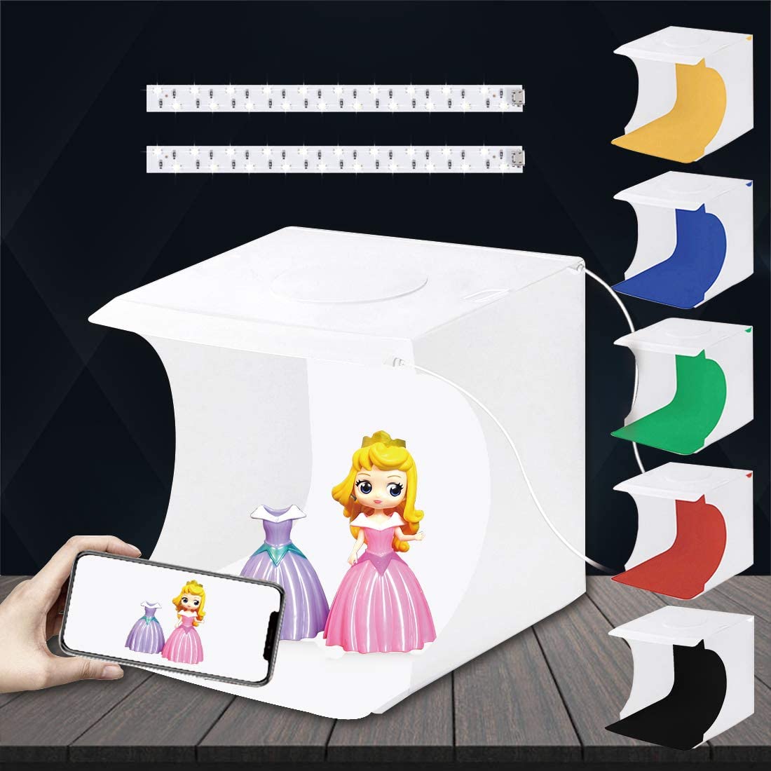 PULUZ 20cm Ring Light Photo Studio Light Box Adjustable Portable Photography Shooting Light Tent Kit + 6 Backdrops for Jewellery: 20cm 2 LED Lights