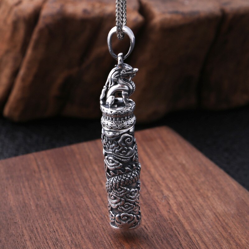 Collier en argent Sterling S990 pour hommes, bouteille antique commémorative thaïlandaise, bijoux Dragon gravé Punk, porte-pendentif, cendrier