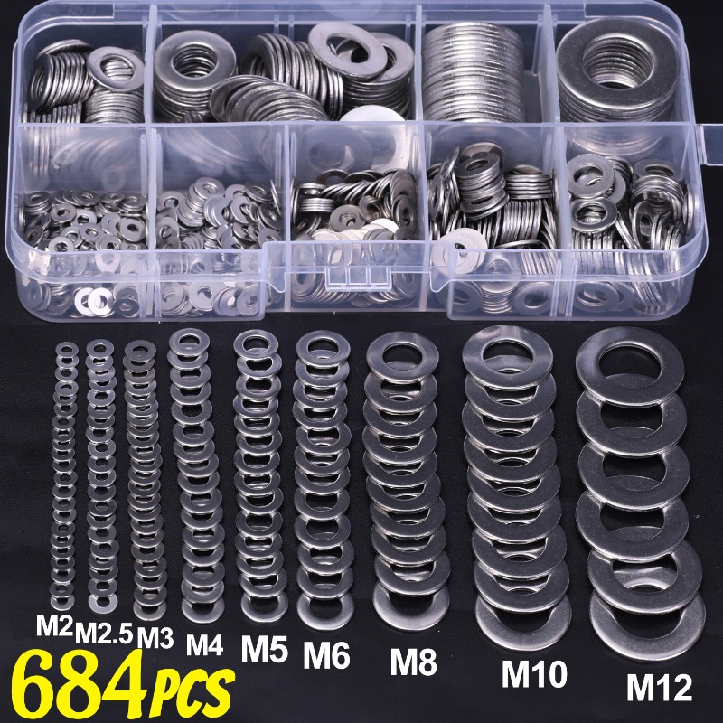 684/180 peças junta de parafuso de aço inoxidável porca lisa arruela fixa para kits de fixadores de reparo industrial M2-M12 arruela plana ultrafina