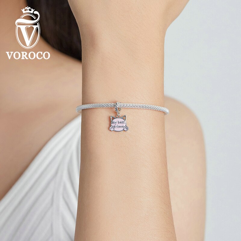 WOSTU argento Sterling 925 gatto rosa scritta il mio migliore amico fascino perline misura braccialetto originale gioielli fai da te CTC519