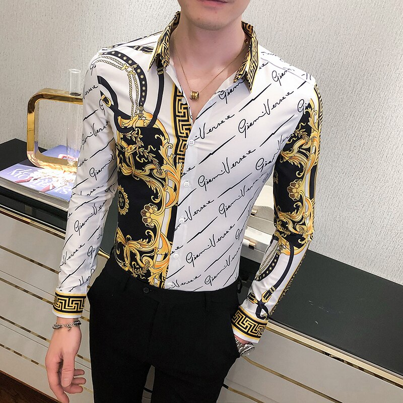 Mann svarte skjorter luksus herre hvit slank passe kjole skjorte langermet årgang printd sosial skjorte uformelt chemise homme: Hvit / Asiatisk l