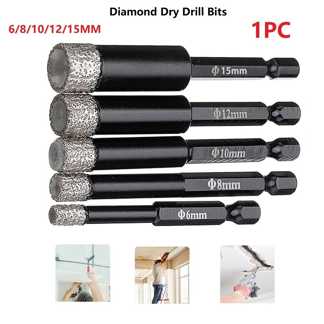 6-15mm Vaccum Brazed Diamond Dry Drill Bit Porcelain Granite Tile Glass Marble For Cooling Dry Drilling Without Water