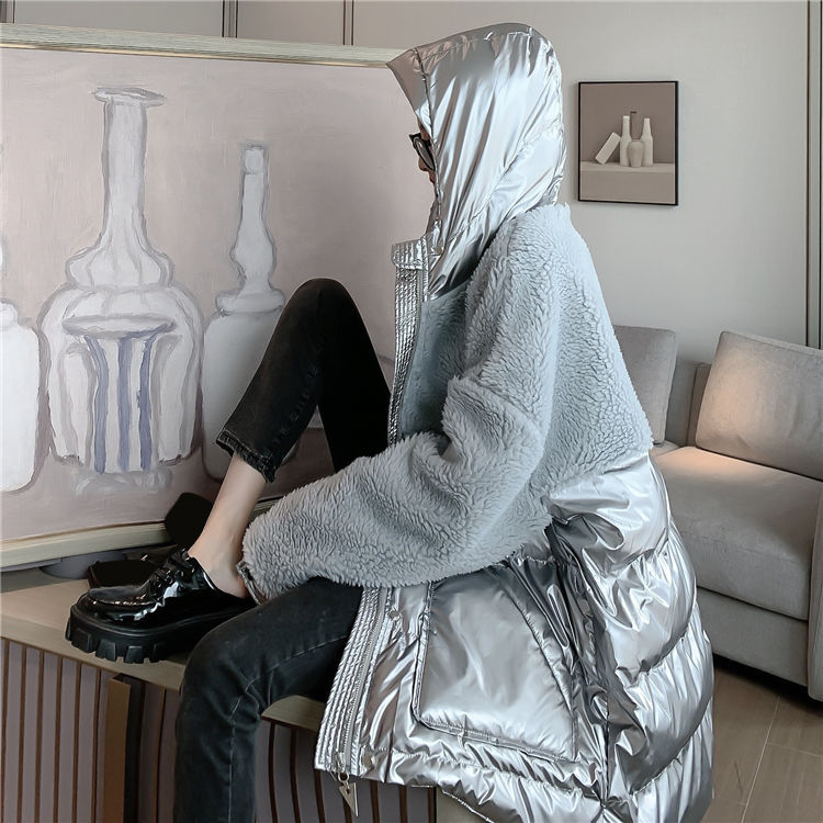 Bella filosofi kvinder vinter tyk stand krave parkaer ruskind lammeuld patchwork jakker dame afslappet løse blanke frakker