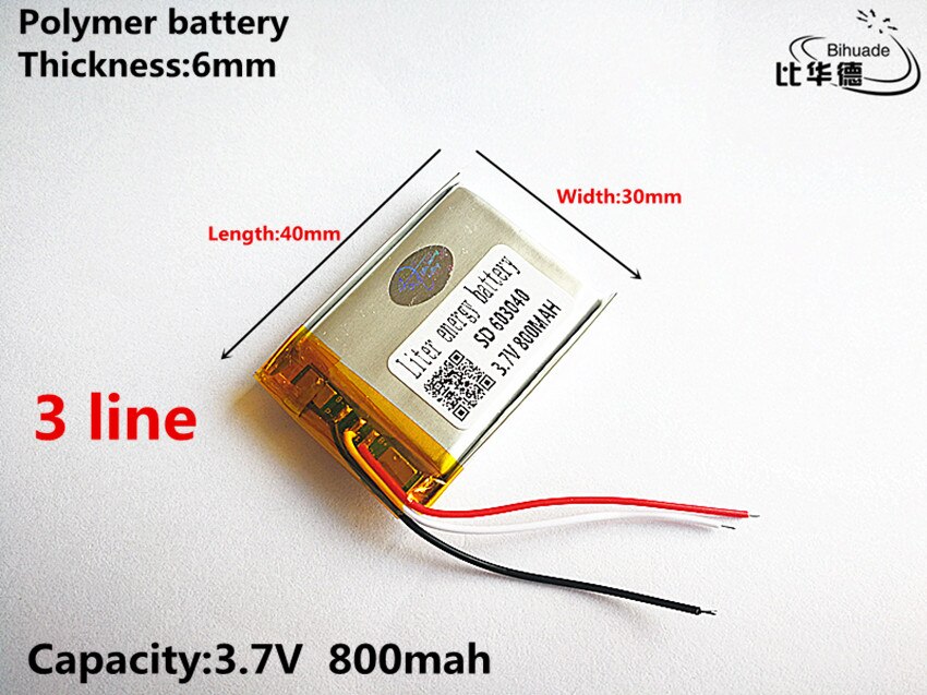3 lijn Goede Qulity 3.7 V, 800 mAH, 603040 lithium Polymeer ion/Li-Ion batterij voor SPEELGOED, POWER BANK, GPS, mp3, mp4
