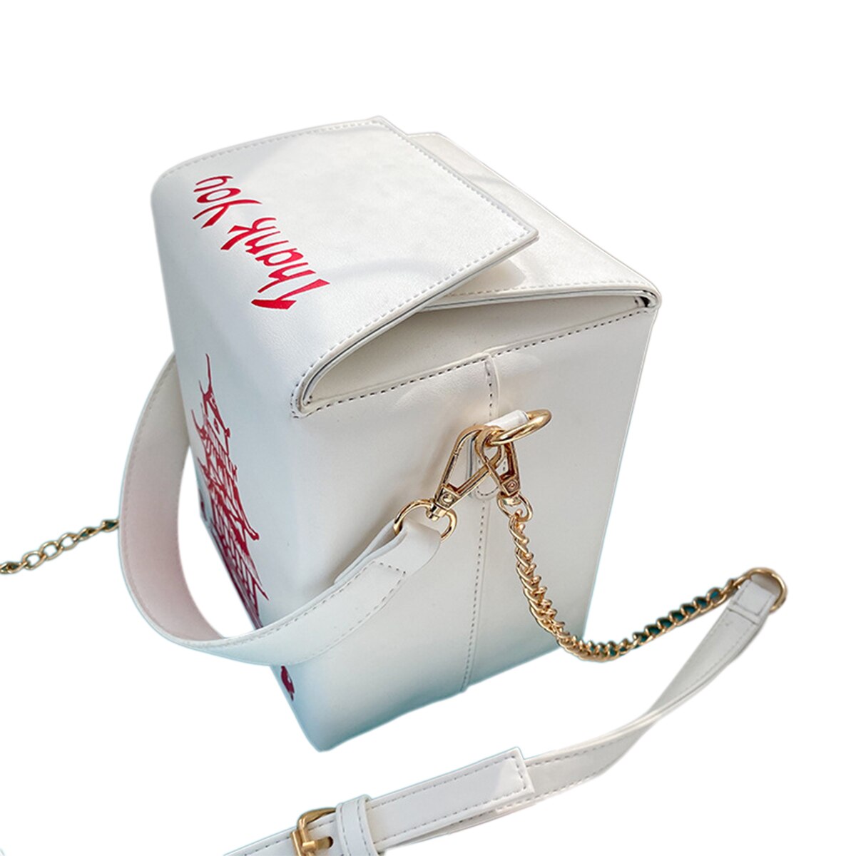 Women Ladies Creativity Leather Crossbody Bag Chinese Take-Out Box Shape Tower Print Shoulder Bag with Chain Strap