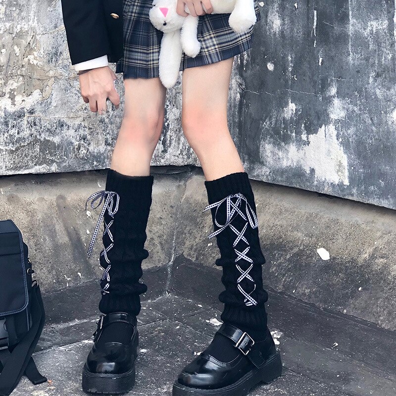 Herfst Winter Leggings Voor Vrouwen Lolita Koreaanse Streep Trekkoord Lint Boog Been Warmer Japanse Gebreide Knie Sokken