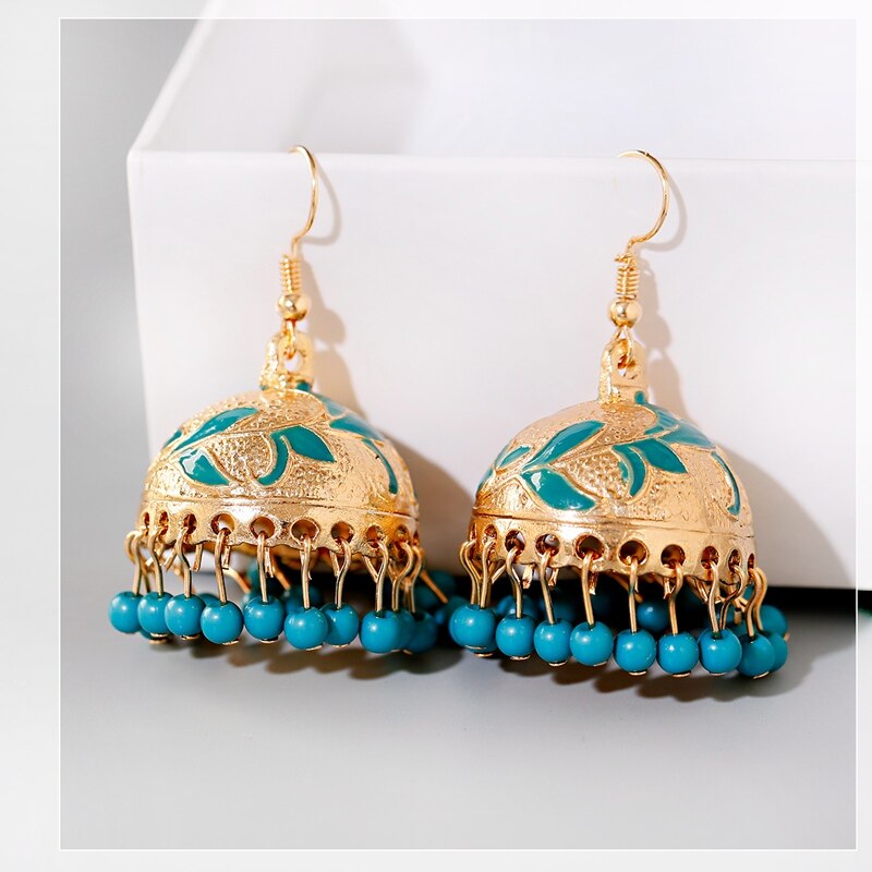 Gypsy Jewelry White Beads Tassel Jhumka Earrings For Women Pendiente Bohemian Ethnic Flower Leaf Shape Bells Earrings: Style 3