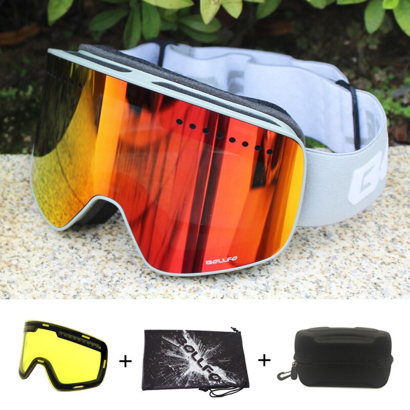 Magnetisk dobbeltlags linse skibriller masker antidugg  uv400 snowboardbriller skibriller briller for menn kvinner med etui: Grå rød