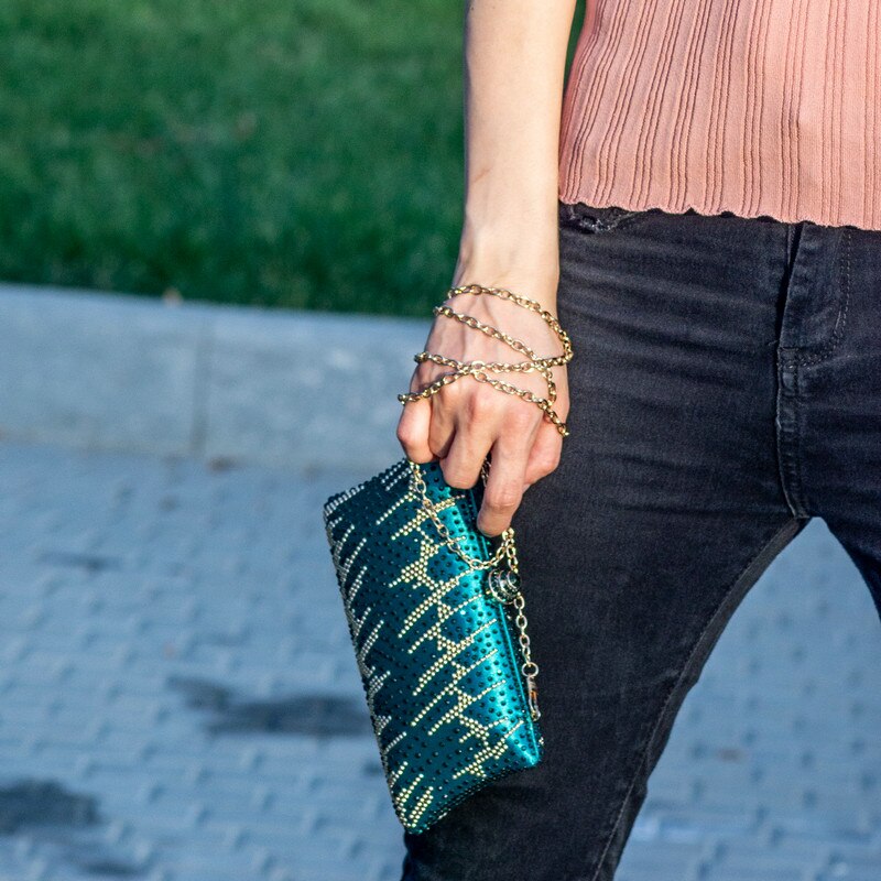 Boutique De FGG Green & Gold Gestreepte Vrouwen Clutch Kristal Avondtassen Dames Diamond Party Handtassen en Portemonnees