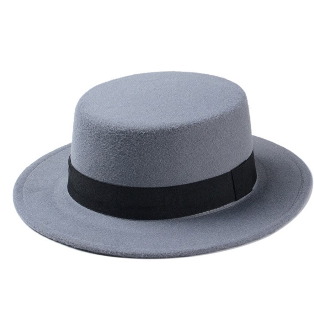 Wool Boater Flat Top Hat For Women Felt Wide Brim Fedora Hat: Gray